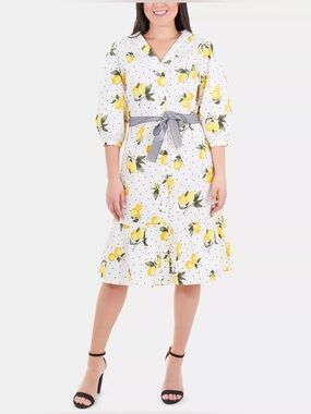 Lapis & Lillies Dress Womens Size 8 Lemon Polka Dot V-Neck Midi Tie Belt